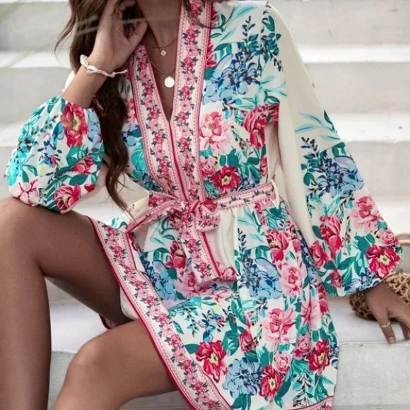 Floral pattern Lantern Sleeve Belted mini Dress - Picture 1 of 8